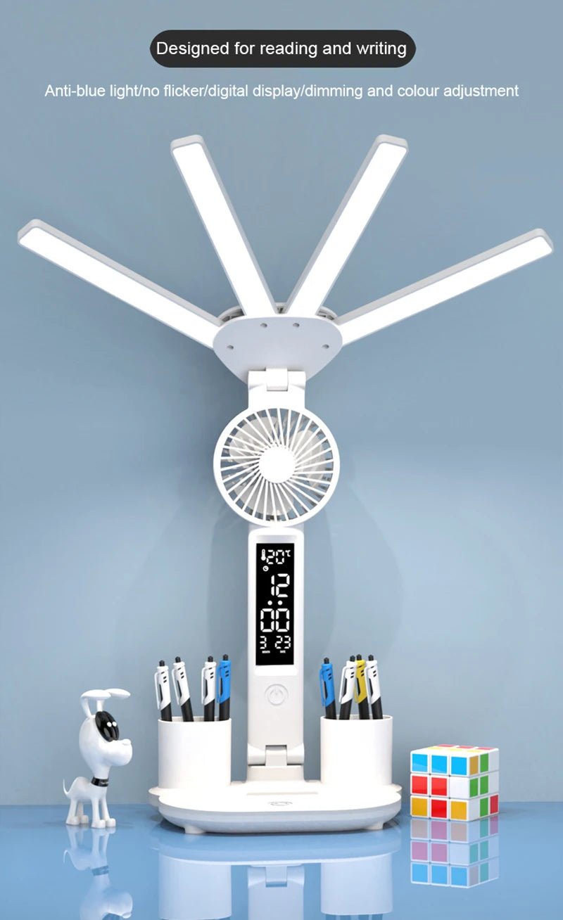 Rechargeable Table Lamp for Study, Desk Lamp Reading Light Led Table Light with Fan, Led Clock Dispaly Reading Lamp