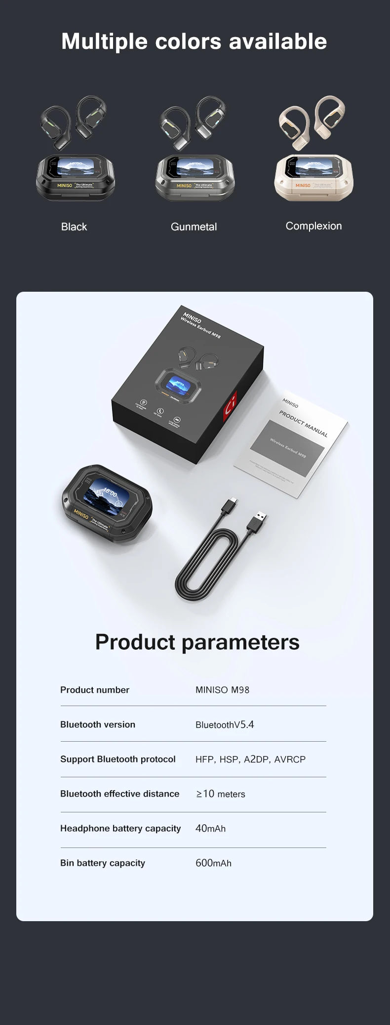 MINISO M98 True Wireless Open Ear Earbuds Bluetooth 5.4ears,13mm Dynamic Driver OWS Ears heads Gaming Headset Super Long Endure
