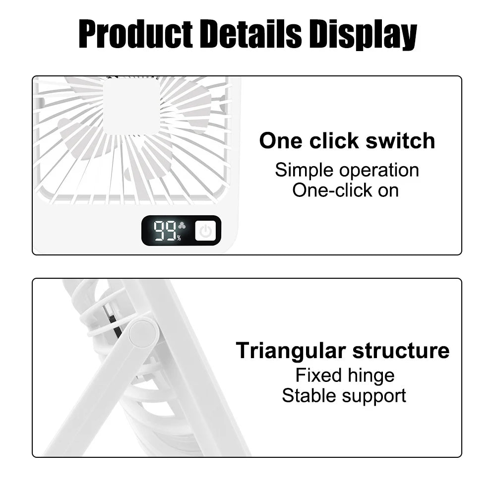 Desktop Fan Portable Fan Rechargeable 5-Speed Adjustment 180° Rotating Foldable Fan With Battery Digital Display Noise-Free Fan
