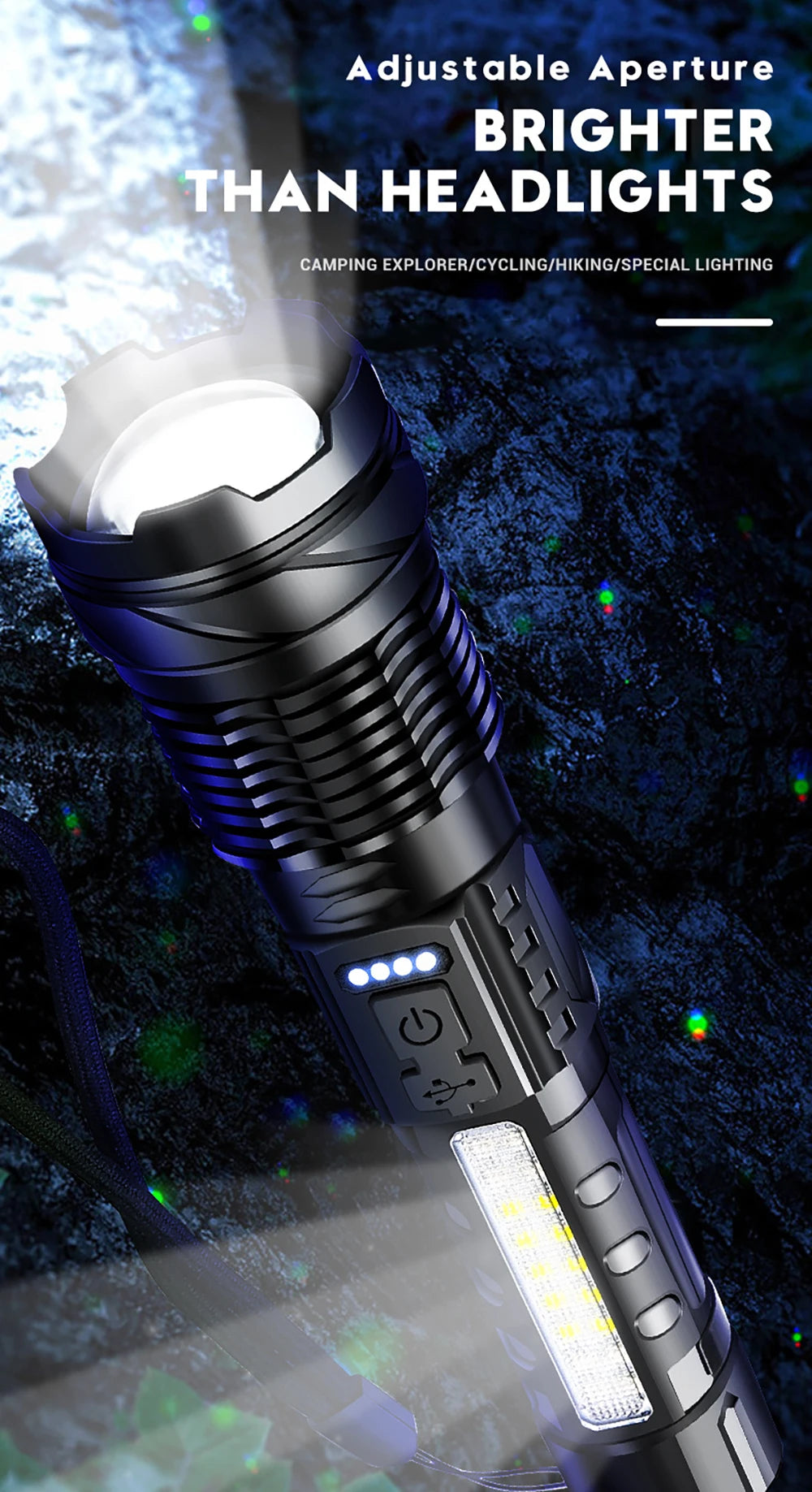 Powerful XHP50 LED Flashlight Waterproof 18650 Torch With Side Light 7 Modes Camping Fishing Lantern USB Rechargeable Zoom Lamp