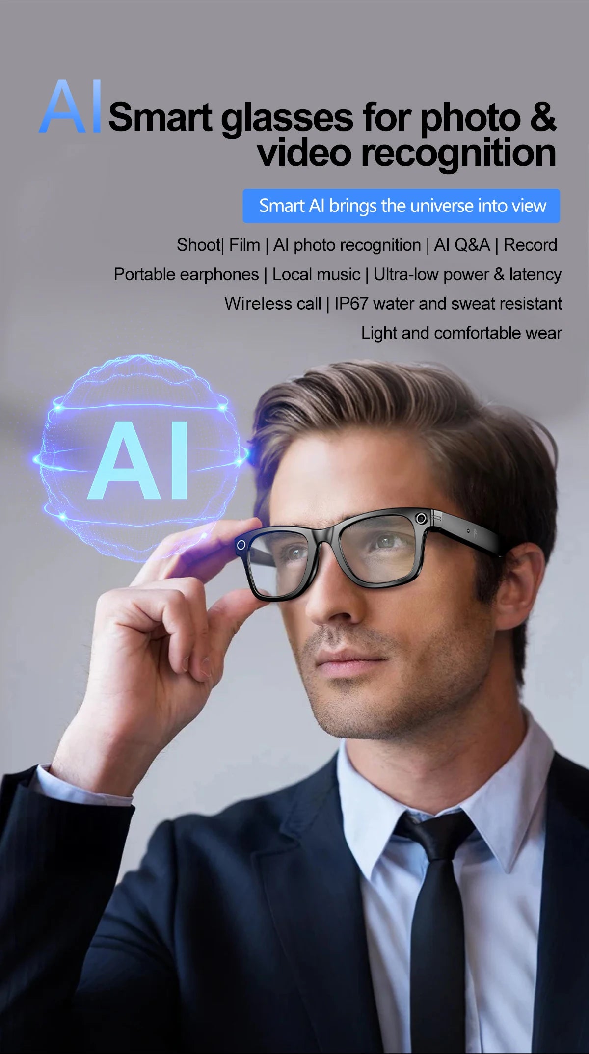 LIGE Fashion AI Camera Smart Glasses IP65 Waterproof Bluetooth Call Playing Music Smart Glasses Identify Pictures Use ChatGPT