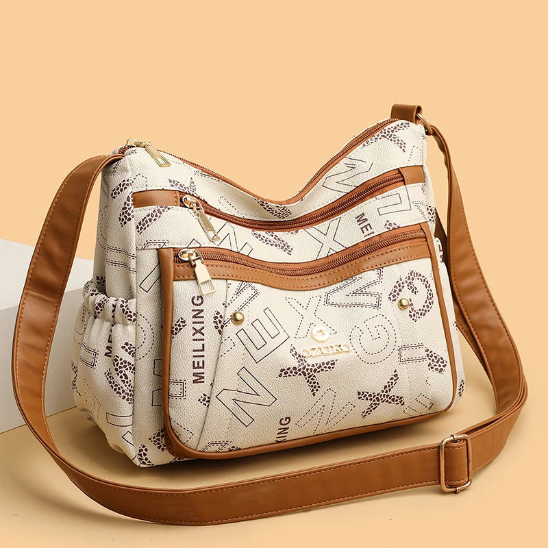 Ladies Middle-Aged Bag Large Capacity printed Work Clothing Soft Leather Multi-Pocket Cross-Body Bag Retro Shoulder Bag