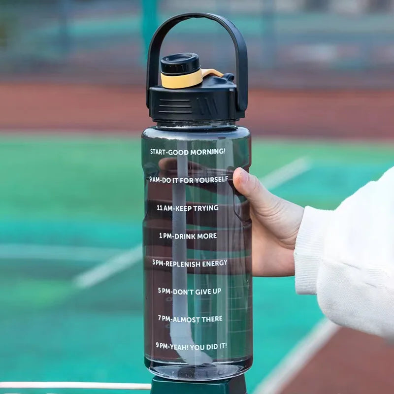 LUSQI 1.5L/2L/3L Sports Water Bottle Large Capacity Plastic Cup Leak-Proof with Straw and Time Marker for Home Outdoor Sports
