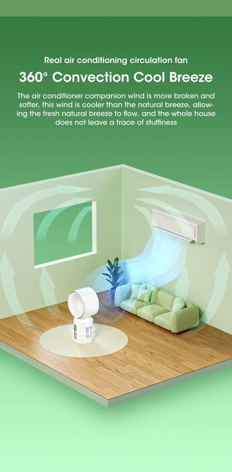 Electric Rechargeable Fan Bladeless Floor Standing Fan Cooling Child Safety Tower 3000mAh Fan Household Air Cooler 5 Gears