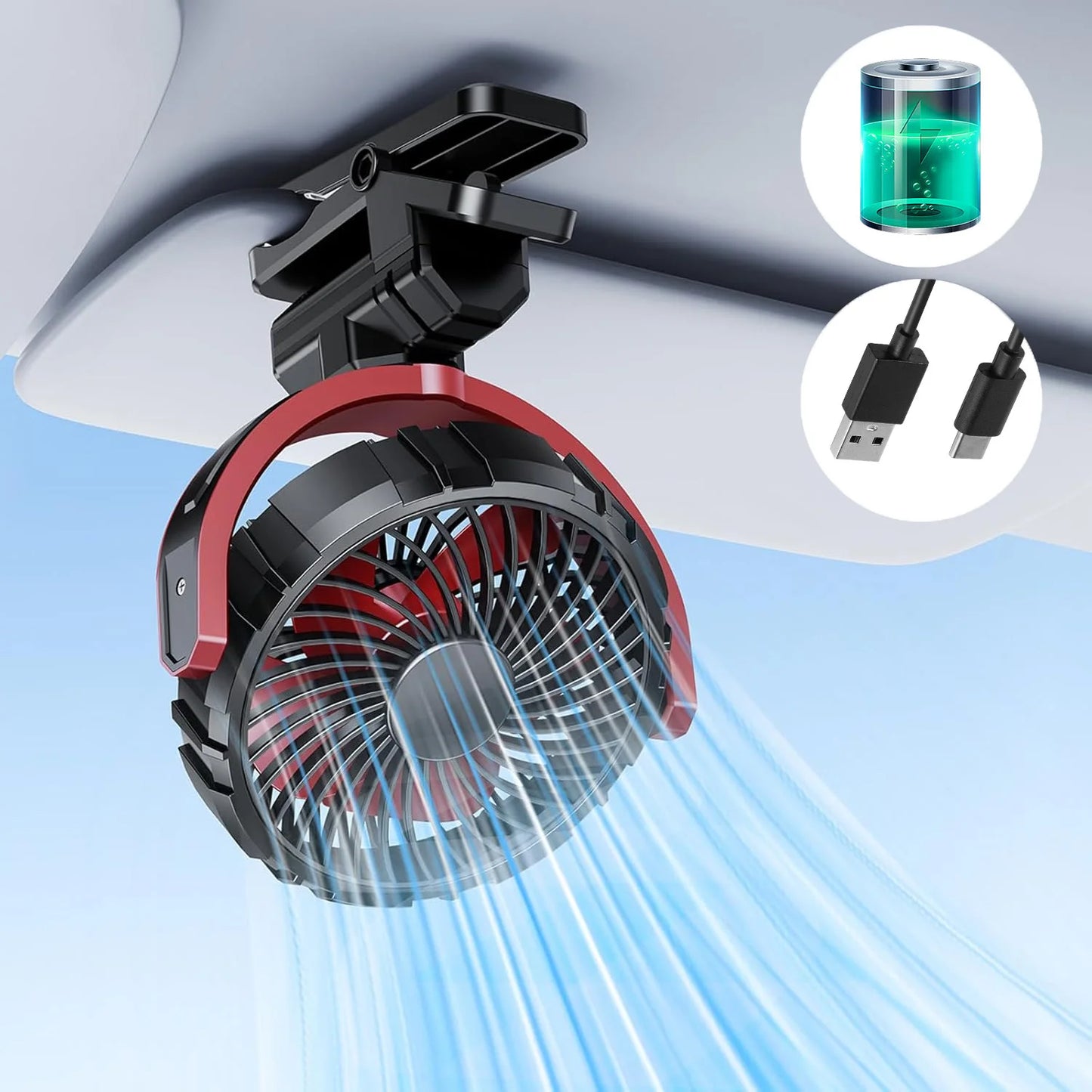 Eary Portable Car Clip On Fan Battery Operated 3 Speed Wind 900 Rotate Quiet Small Air Cooling Fan For Desk Camping Stroller Fan