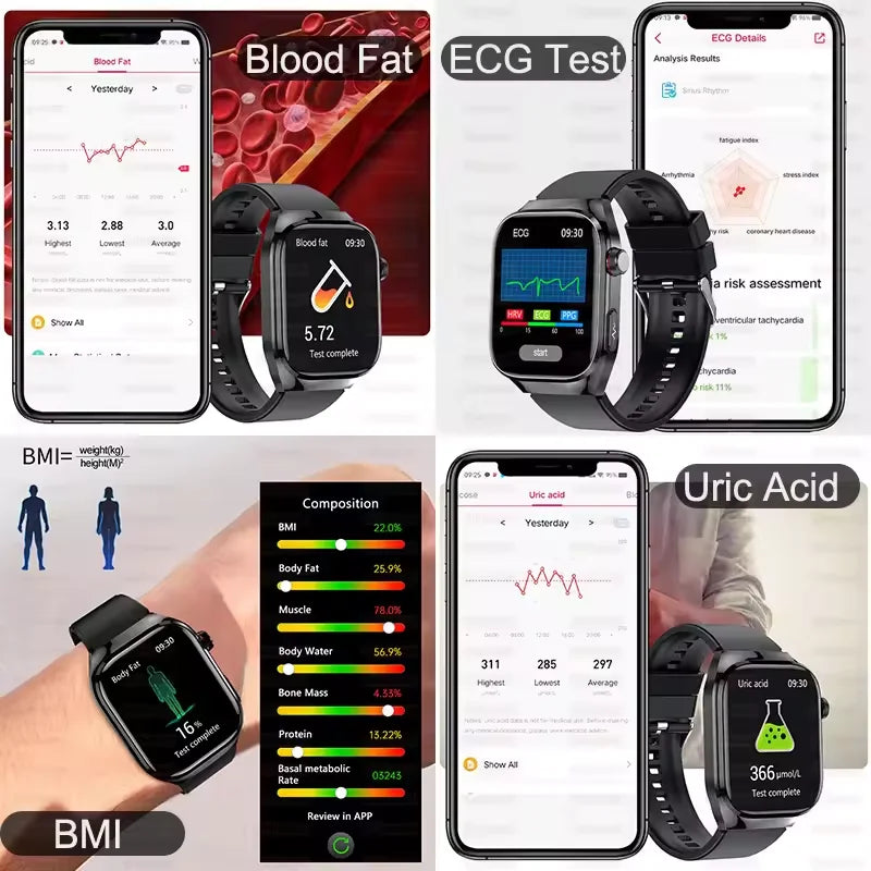 2025 New Three Highs Blood Pressure Smartwatch ECG Uric Acid Heart Rate Clock Body Analysis Health Monitoring Watches