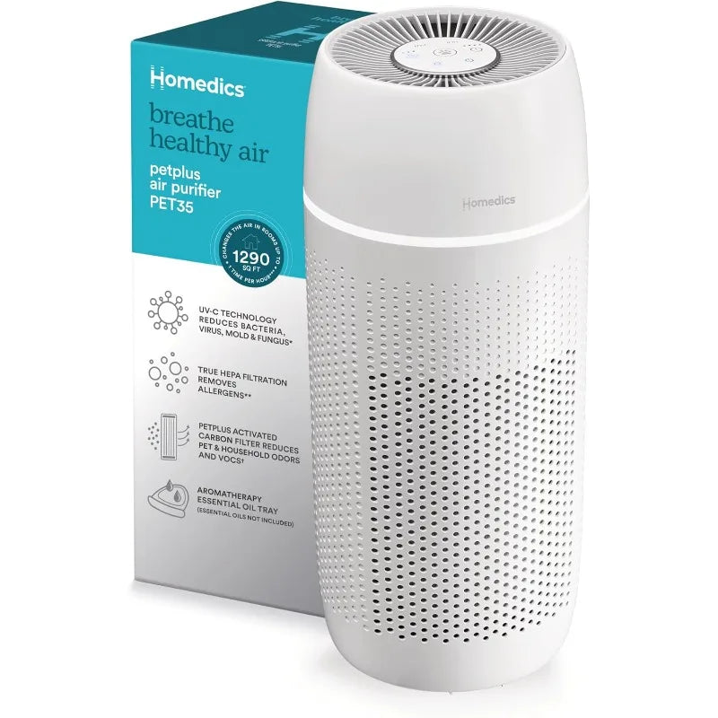 Homedics 5-in-1 PetPlus UV-C Air Purifier - 360-Degree HEPA Filter for 266 Sq Ft, with Essential Oil Pads & Built-In Timer,White
