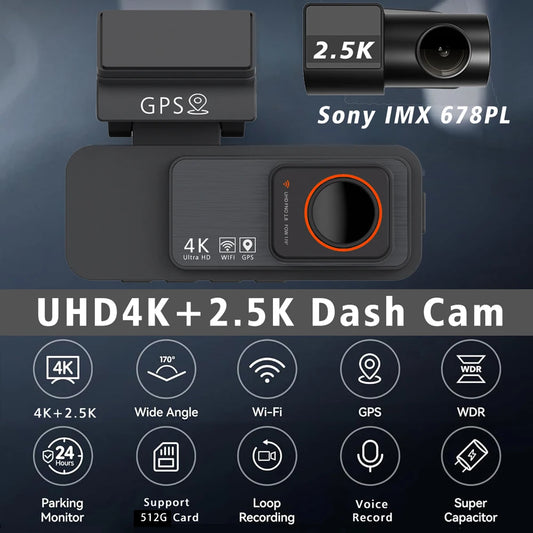 4K Dash Cam WIFI GPS Car DVR 2.5K Rear Camera Video Drive Recorder Dashcam Register Mini Black Box 24H Monitoring Night Vision