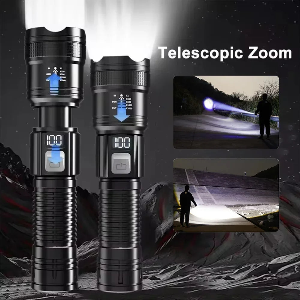 High Strong Power Led Flashlights 300000LM Tactical Torch with Display Light USB Charging Camping Fishing Defense Zoom Lantern