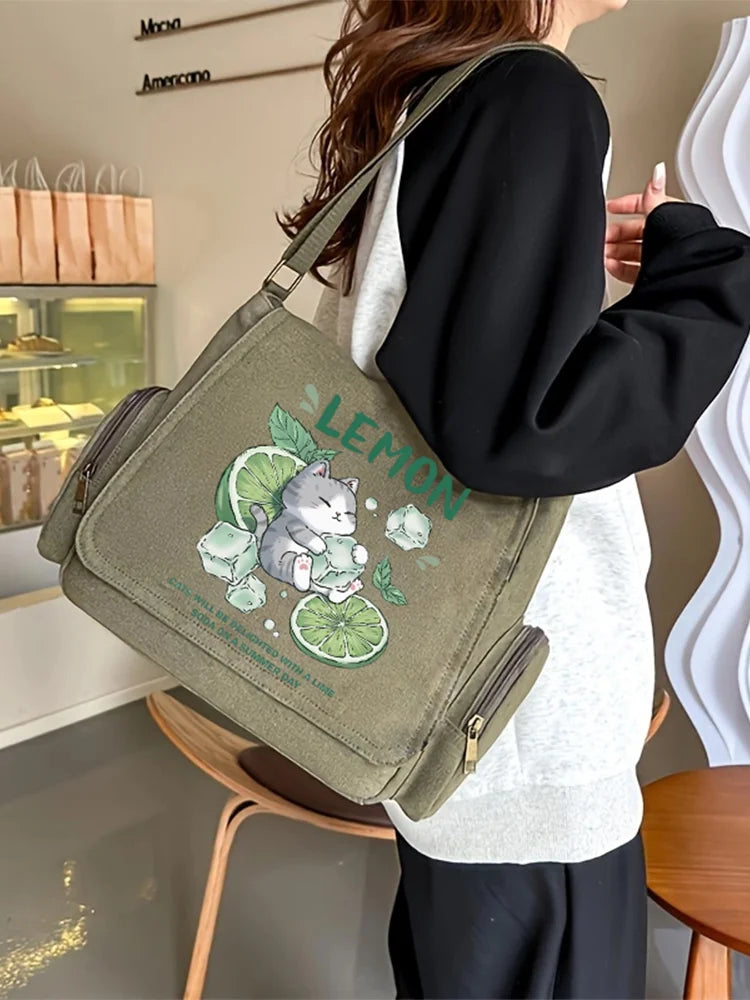 Retro Old Women's Bag Green Fresh Pattern Small Shoulder Large Capacity New Fashion Vintage Print Crossbody
