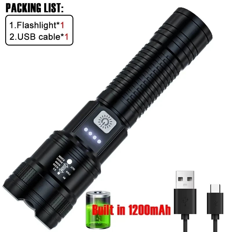High Strong Power LED Flashlights 2000LM Tactical Torch with Display Light USB Charging.