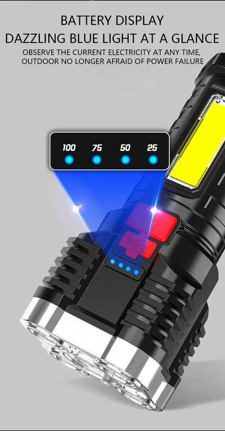 5LED High Power Led Flashlights Rechargeable Camping Spotlight with Side Light 3 Lighting Modes for Camping Adventure Outdoor