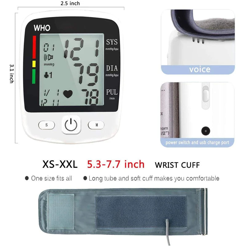 Rechargeable Digital Blood Pressure Monitor Wrist Electronic Sphygmomanometer Tensiometer With LCD Display, 2 x 99 Memory