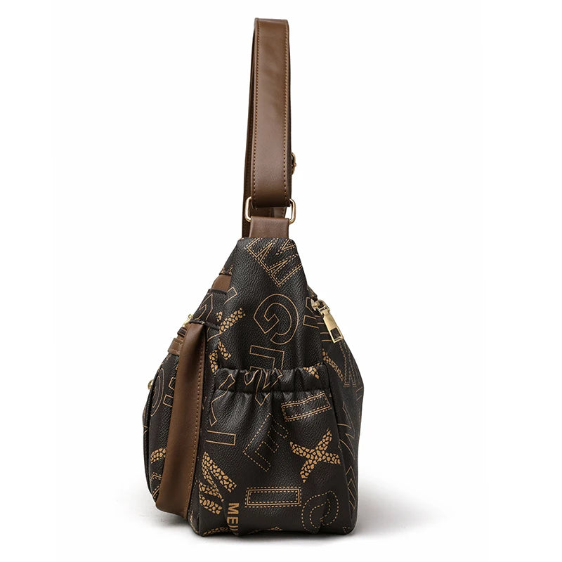 Ladies Middle-Aged Bag Large Capacity printed Work Clothing Soft Leather Multi-Pocket Cross-Body Bag Retro Shoulder Bag