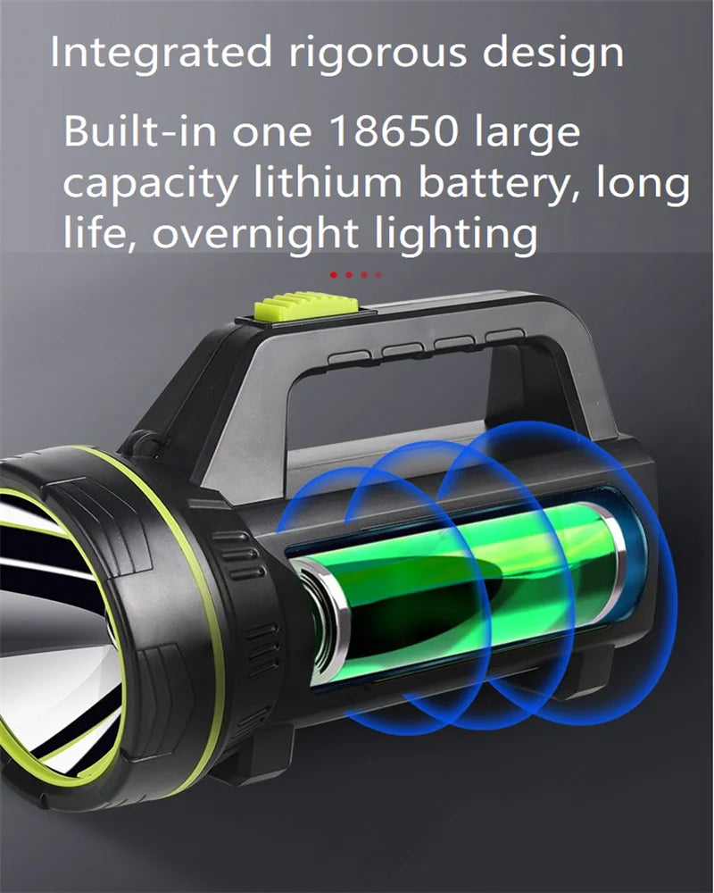 LED Strong Searchlight Flashlight Portable Hand Lamp Rechargeable 2 Lighting Modes Emergency Hiking Camping Energy Saving Torch