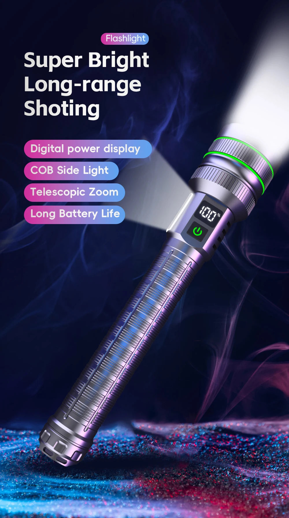 Super bright LED flashlight high power strong light long-range tactical flashlight, long outdoor hiking camping emergency light