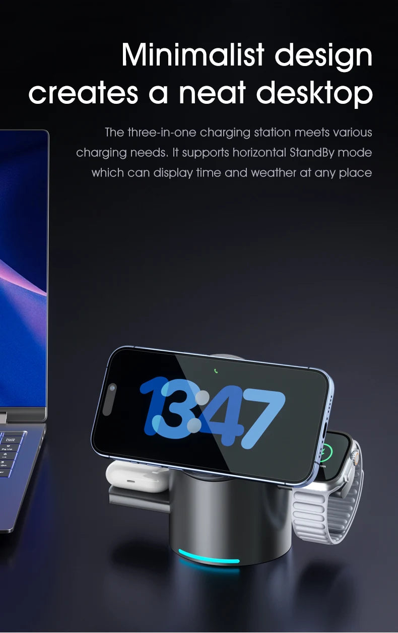 New Truly Qi2 3 In 1 Magsafe Magnetic Touch Button Wireless Charger For Android iPhone iWatch Airpods Fast Charging Dock Station