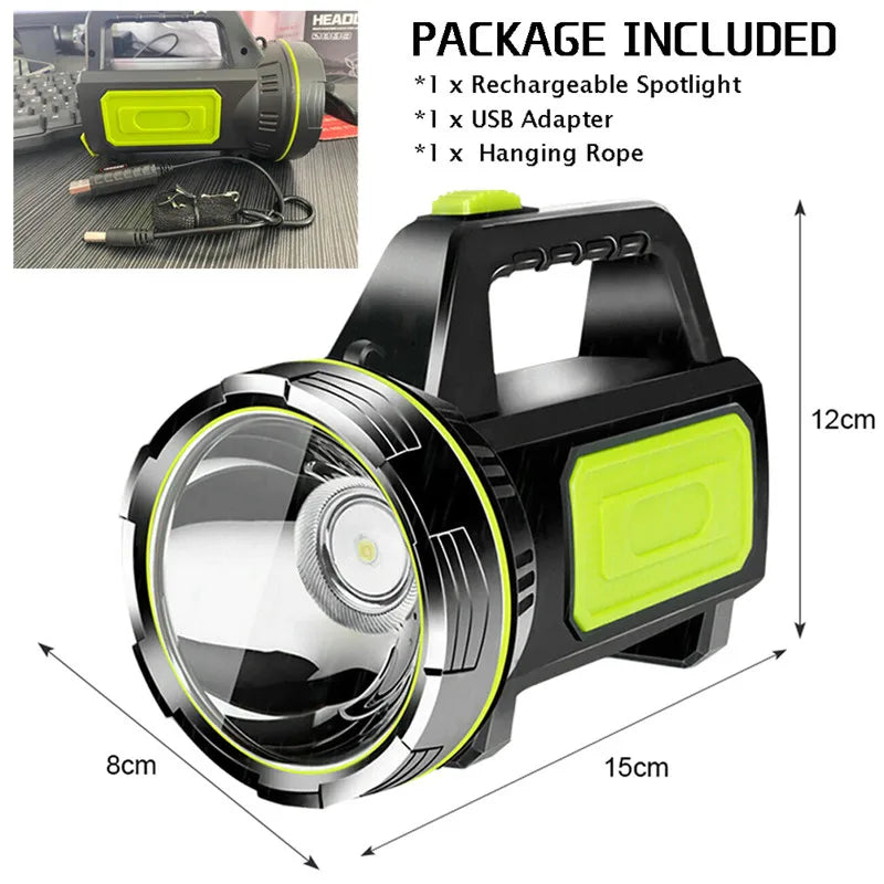 LED Strong Searchlight Flashlight Portable Hand Lamp Rechargeable 2 Lighting Modes Emergency Hiking Camping Energy Saving Torch