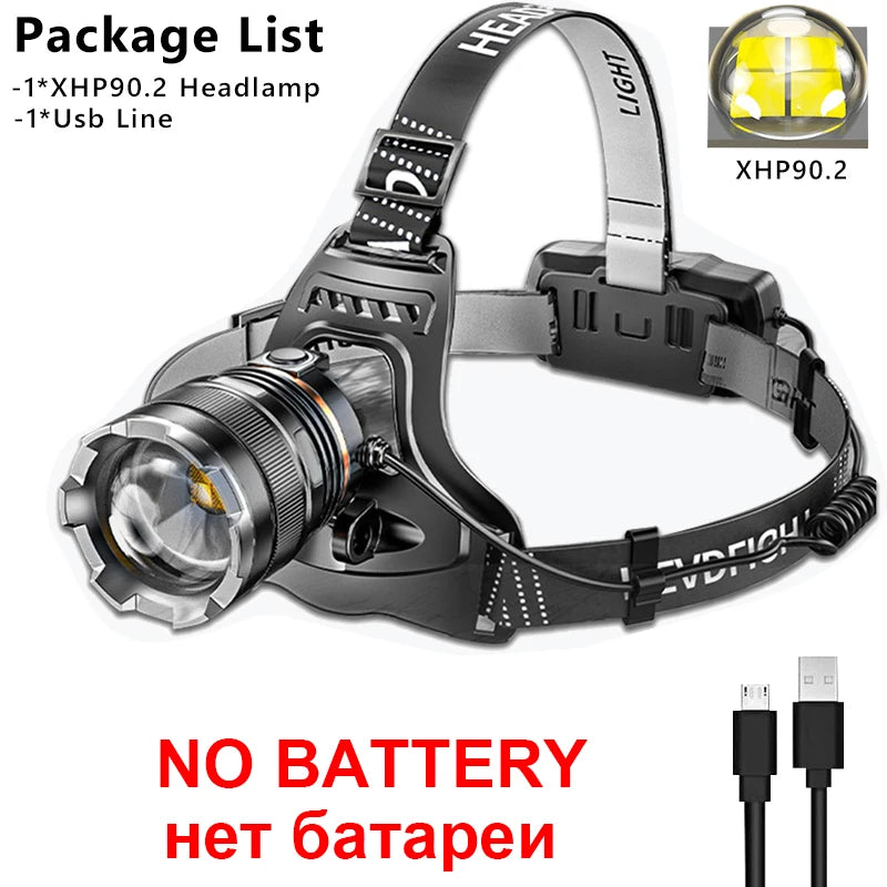 XHP90.2 Super Powerful Headlamp Rechargeable Head Flashlight High Power Head Lamp 1000Meters Headlight 2*18650 Fishing Lantern