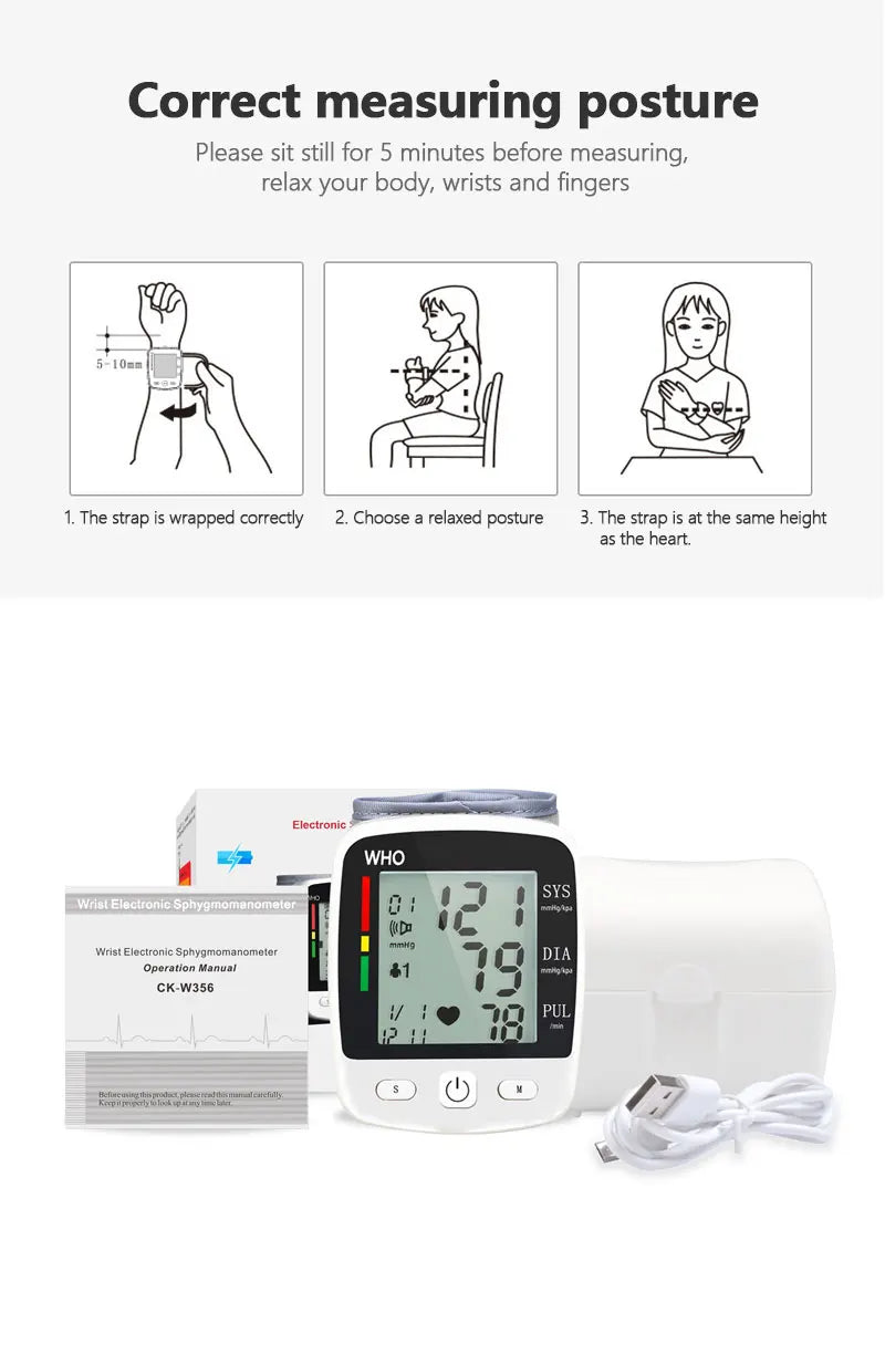 Rechargeable Digital Blood Pressure Monitor Wrist Electronic Sphygmomanometer Tensiometer With LCD Display, 2 x 99 Memory