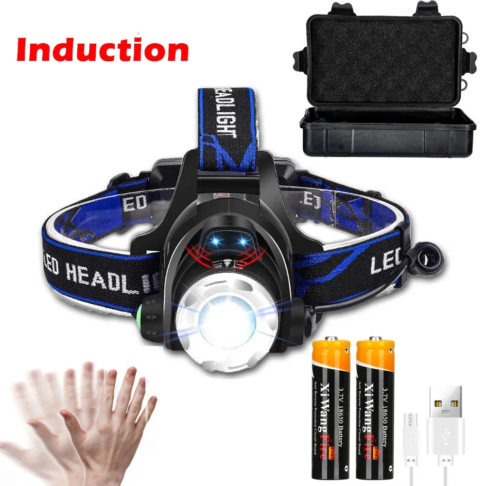 Powerful LED Induction Headlamp USB/DC Rechargeable Headlight Aluminium Alloy Outdoor Waterproof Head Lamp High Lumen Head Torch