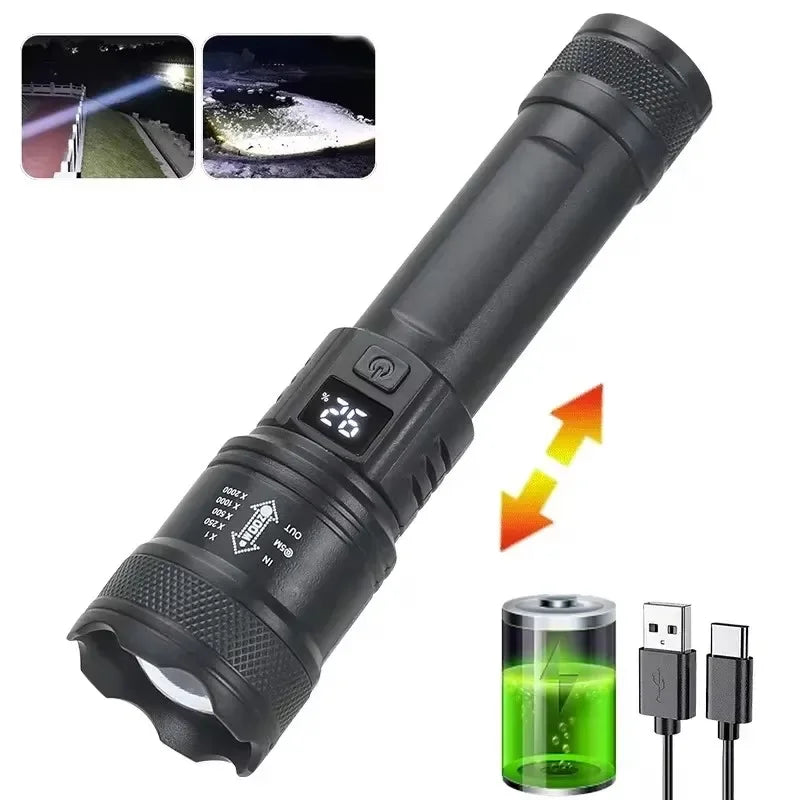 High Strong Power Led Flashlights 300000LM Tactical Torch with Display Light USB Charging Camping Fishing Defense Zoom Lantern