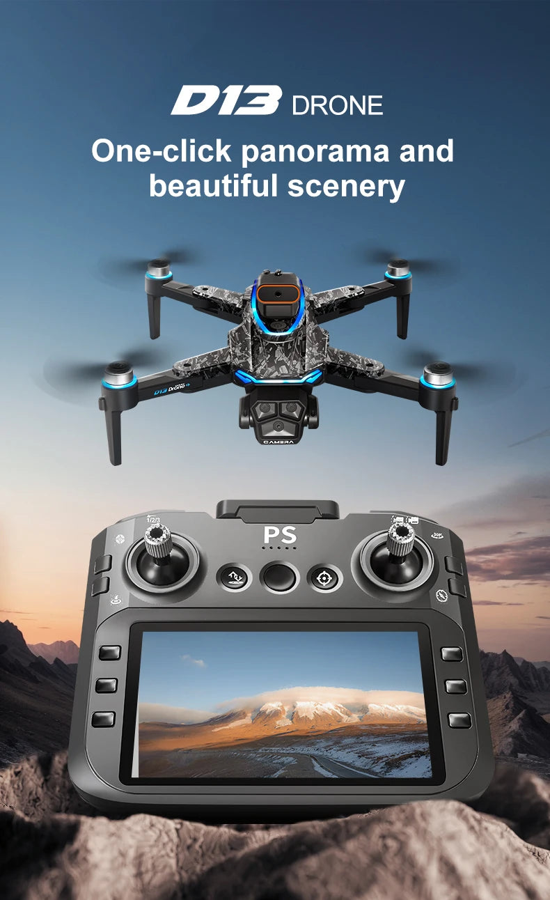 New D13 RC Drone 4K Professional HD Triple Camera 5G WIFI FPV Dron 360° Obstacle Avoidance Brushless Large Screen Quadcopter