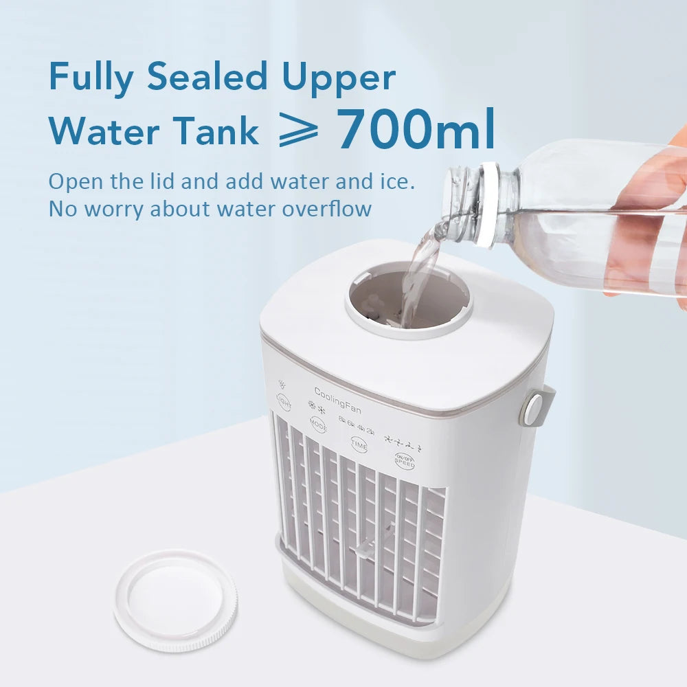 Portable Air Conditioner with Colorful Atmosphere Light Water Cooling Fan USB Table Fan 700ml Water Tank Desktop Fan Humidifier