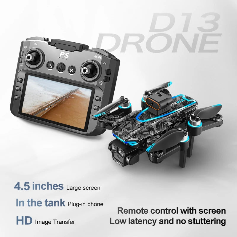 New D13 RC Drone 4K Professional HD Triple Camera 5G WIFI FPV Dron 360° Obstacle Avoidance Brushless Large Screen Quadcopter