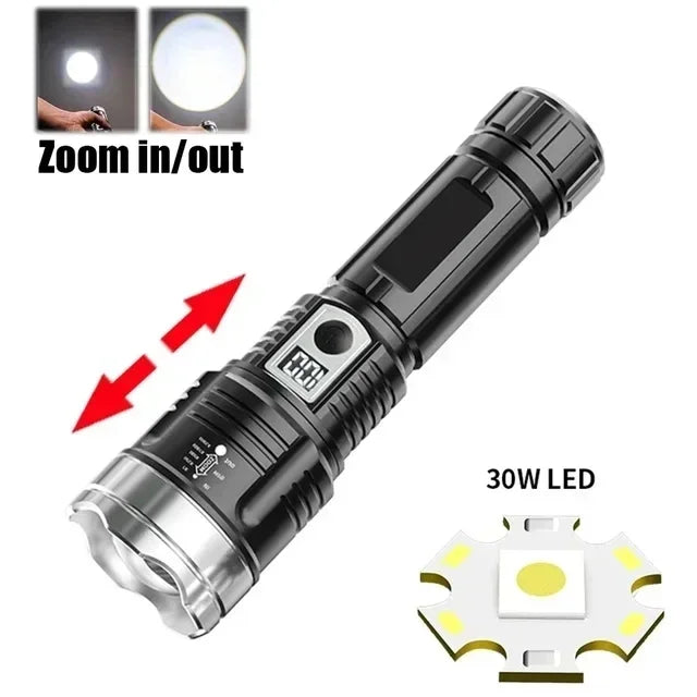 High Strong Power Led Flashlights 2000LM Tactical Torch with Display Light USB Charging Camping Fishing Emergency Zoom Lantern