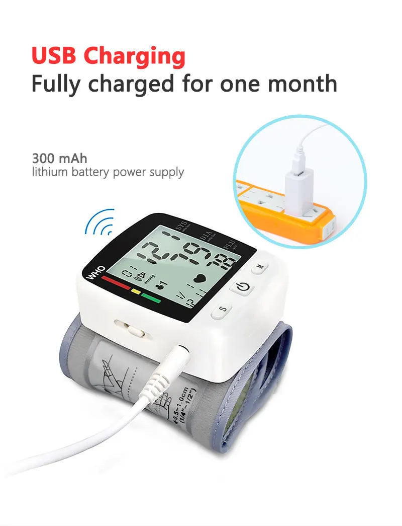 Rechargeable Digital Blood Pressure Monitor Wrist Electronic Sphygmomanometer Tensiometer With LCD Display, 2 x 99 Memory