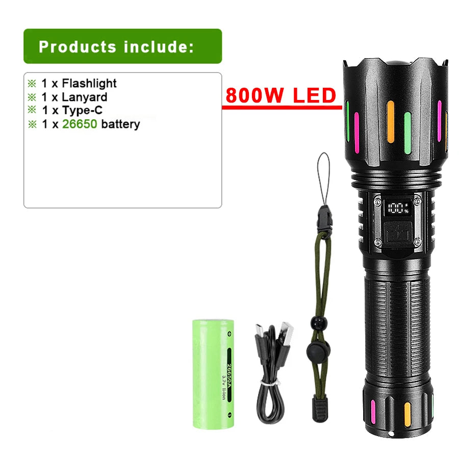 Super Powerful LED Flashlight 1000000LM High Power Torch Strong Light 800W Led Flash Light Rechargeable Hunting Tactical Lantren
