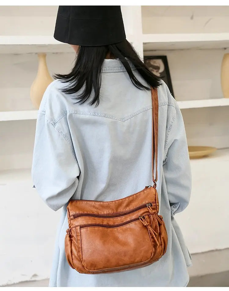 Washed leather women's bag 2024 European and American retro shoulder bag versatile large-capacity crossbody bag PU soft leather
