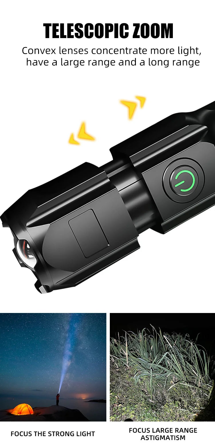 Powerful LED Flashlight 100000 Lumen Tactical Flashlights Rechargeable USB 18650 Waterproof Zoom Fishing Hunting LED Flashlight