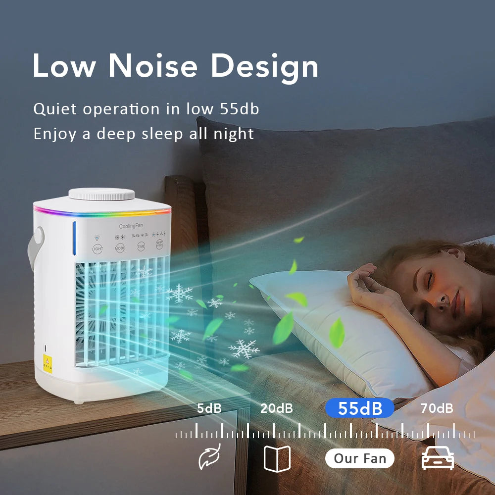 Portable Air Conditioner with Colorful Atmosphere Light Water Cooling Fan USB Table Fan 700ml Water Tank Desktop Fan Humidifier