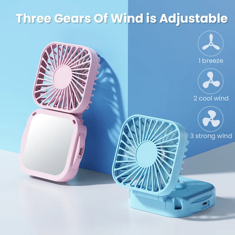 Handheld Portable Fan with Mirror, Mini Fan Small Personal Fan, 500mAh USB Rechargeable Neck Fan Foldable, Quiet Pocket Fan