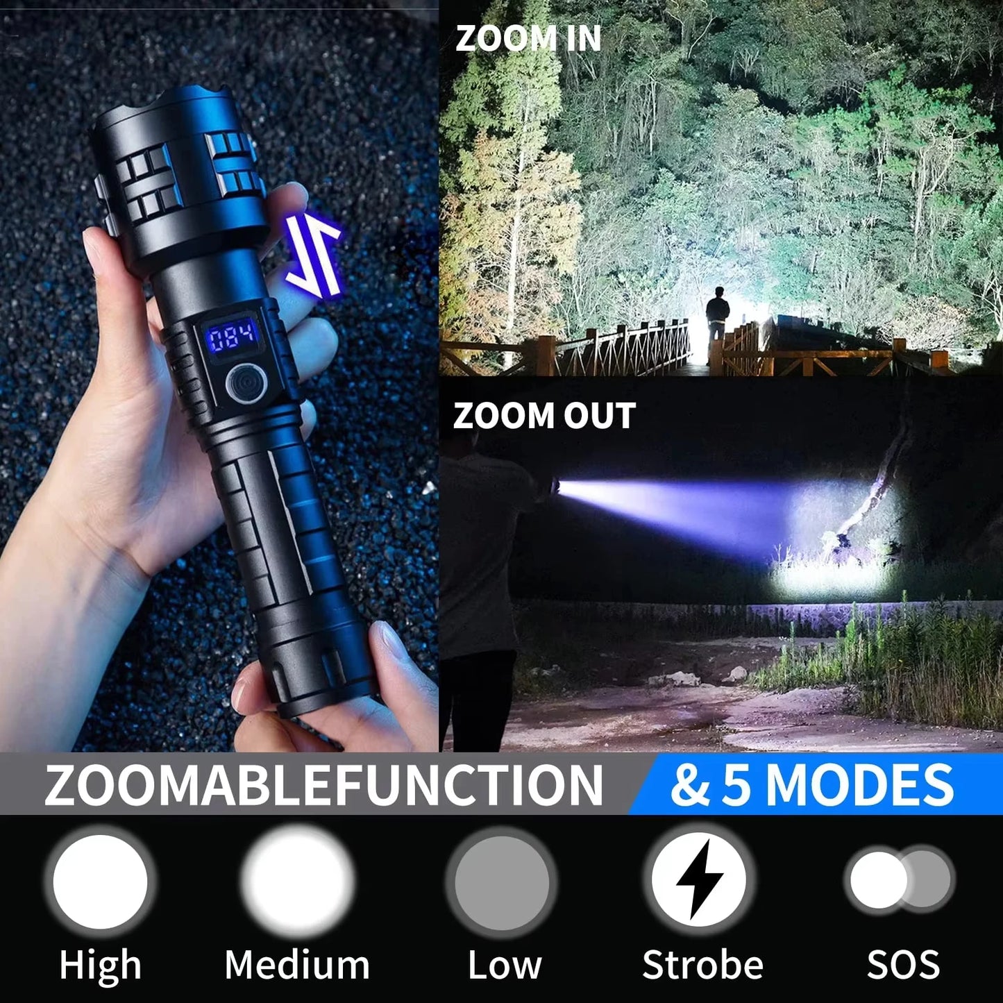 Powerful 200000 High Lumen LED Flashlight Super Bright Rechargeable Portable Ultra Power USB C Torch lamp Outdoor Emergency use