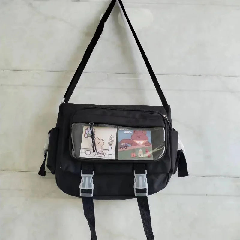Large capacity student class crossbody canvas bag, women's versatile new Japanese Harajuku solid color mailman shoulder tote bag
