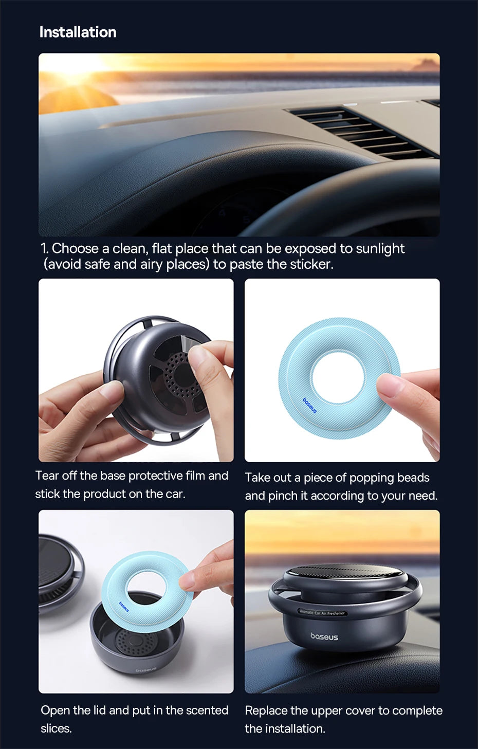 Baseus Solar Car Air Freshener Auto Flavoring Ornament Perfume Decor Interior Car Accessories Rotating Aromatherapy Oil Diffuser