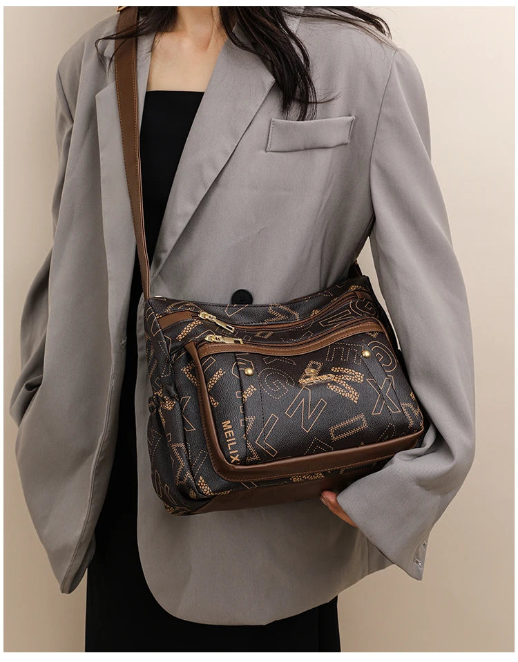 Ladies Middle-Aged Bag Large Capacity printed Work Clothing Soft Leather Multi-Pocket Cross-Body Bag Retro Shoulder Bag