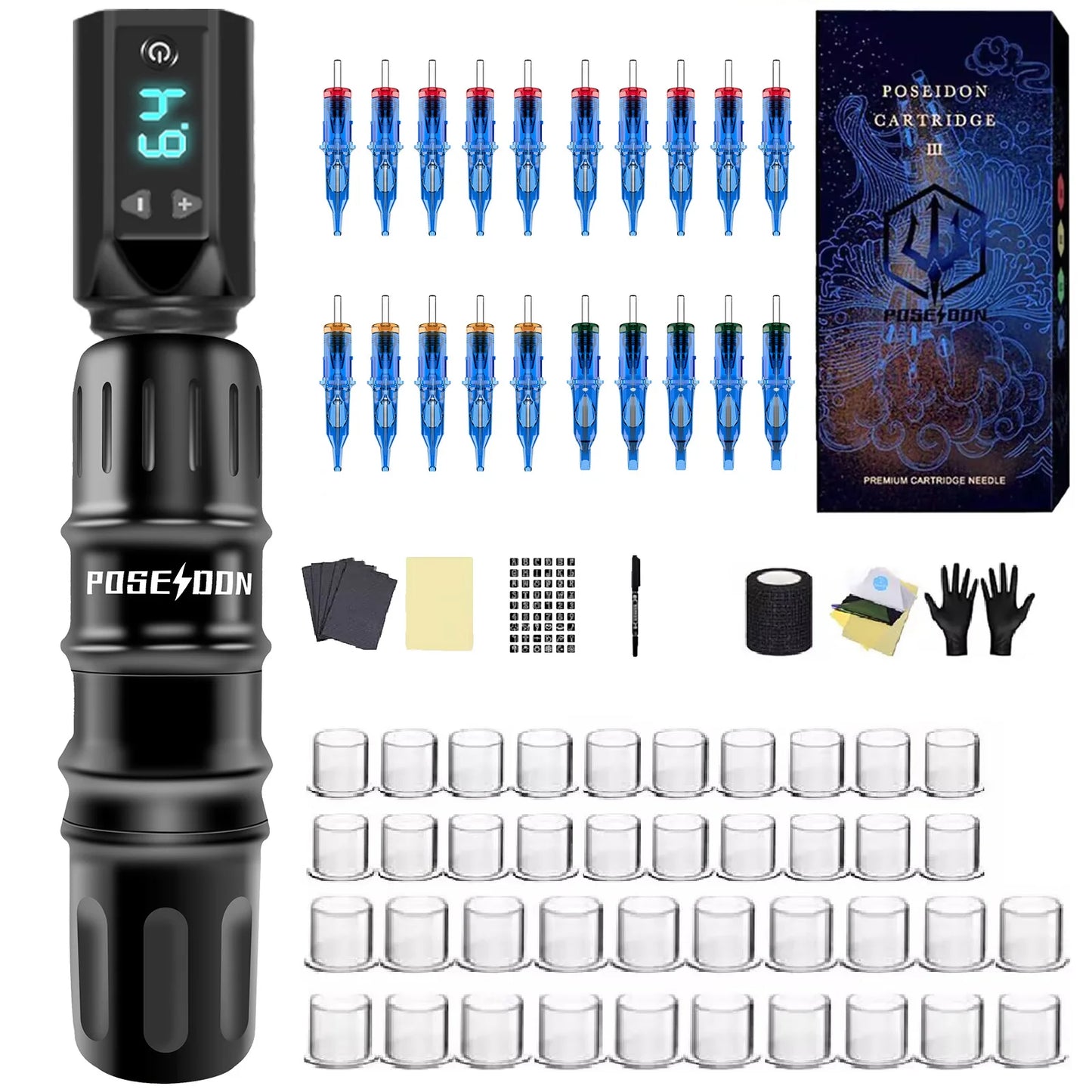 Tattoo Kit POSEIDON High Power Tattoo Pen Kit For Permanent Makeup Tattoo Machine Kit Black Wireless Tattoo Gun Kit