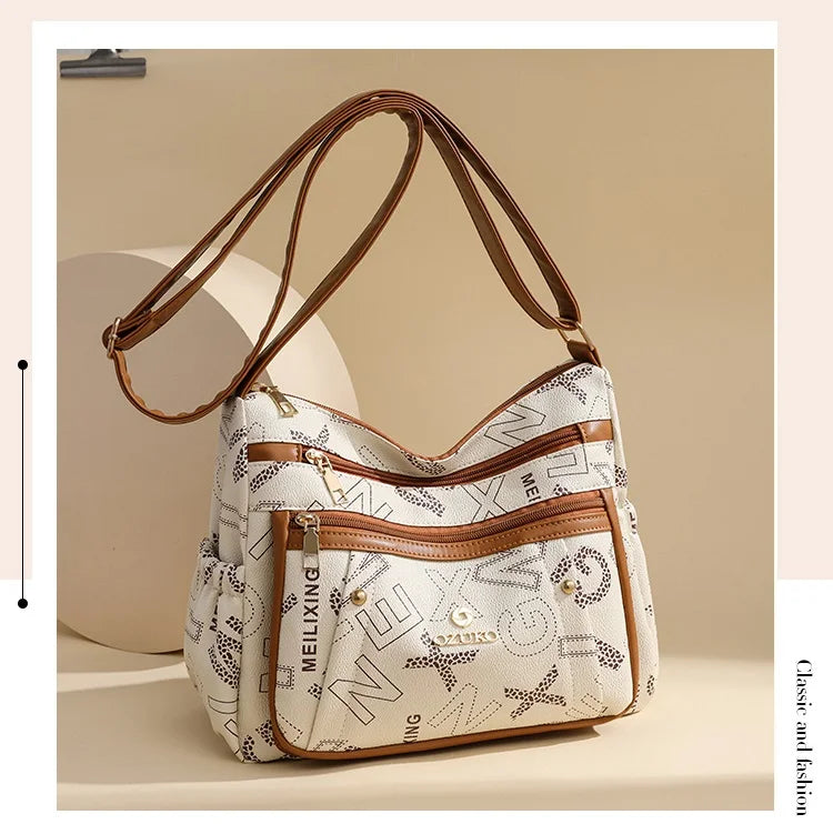 Ladies Middle-Aged Bag Large Capacity printed Work Clothing Soft Leather Multi-Pocket Cross-Body Bag Retro Shoulder Bag