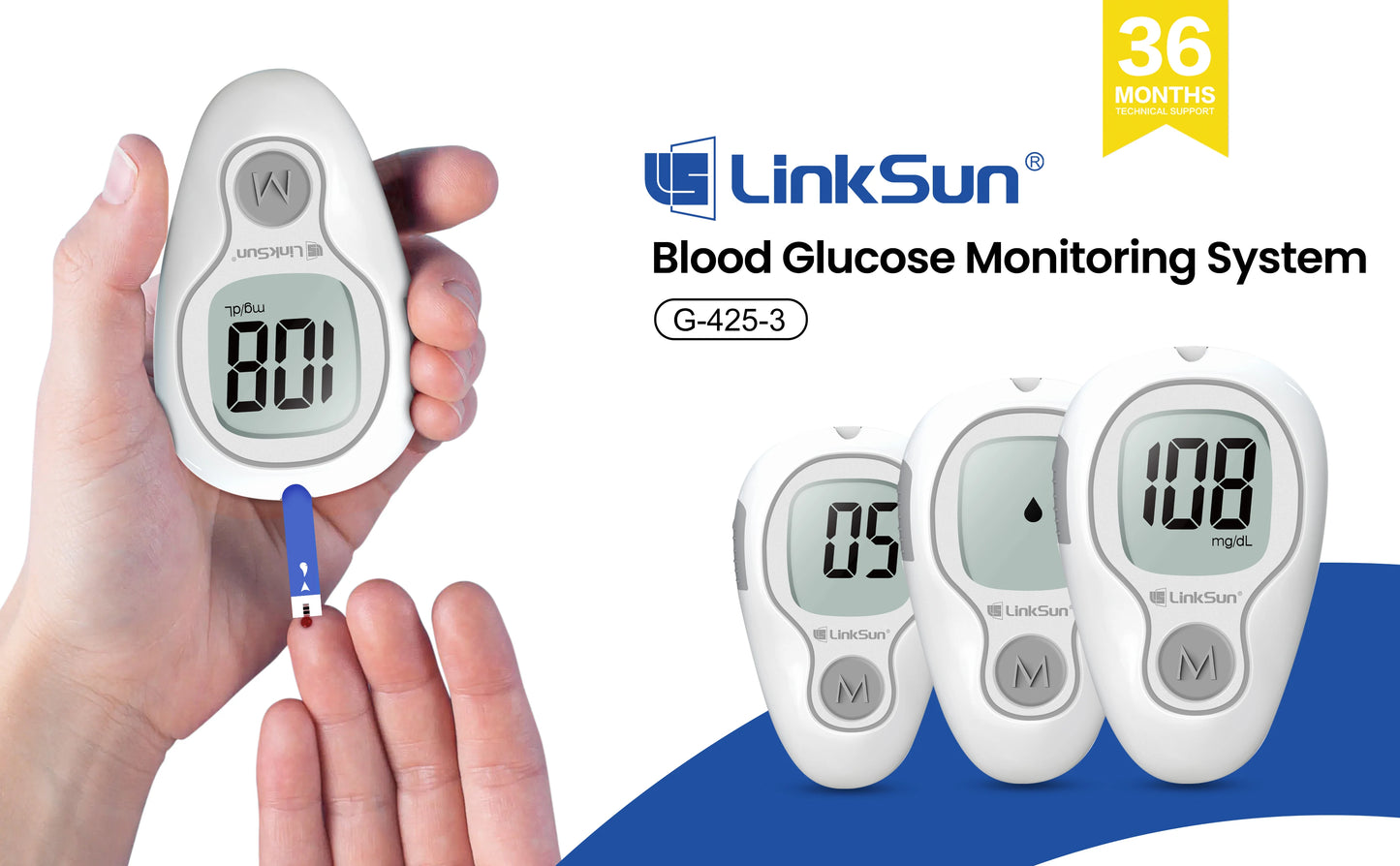 LinkSun Blood Glucose Meter G-425-3 Glucosemeter Kit No Code For Diabetes Tester 10/50/100pcs Strips Medical Blood Sugar Monitor