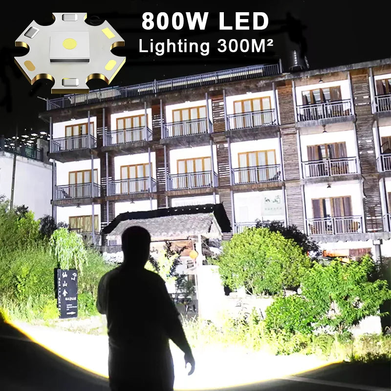 Super Powerful LED Flashlight 1000000LM High Power Torch Strong Light 800W Led Flash Light Rechargeable Hunting Tactical Lantren