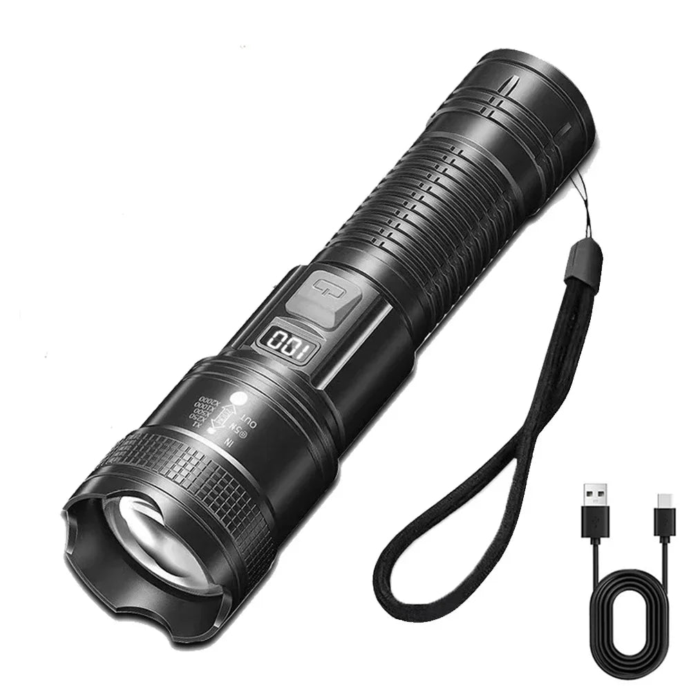 High Strong Power Led Flashlights 300000LM Tactical Torch with Display Light USB Charging Camping Fishing Defense Zoom Lantern