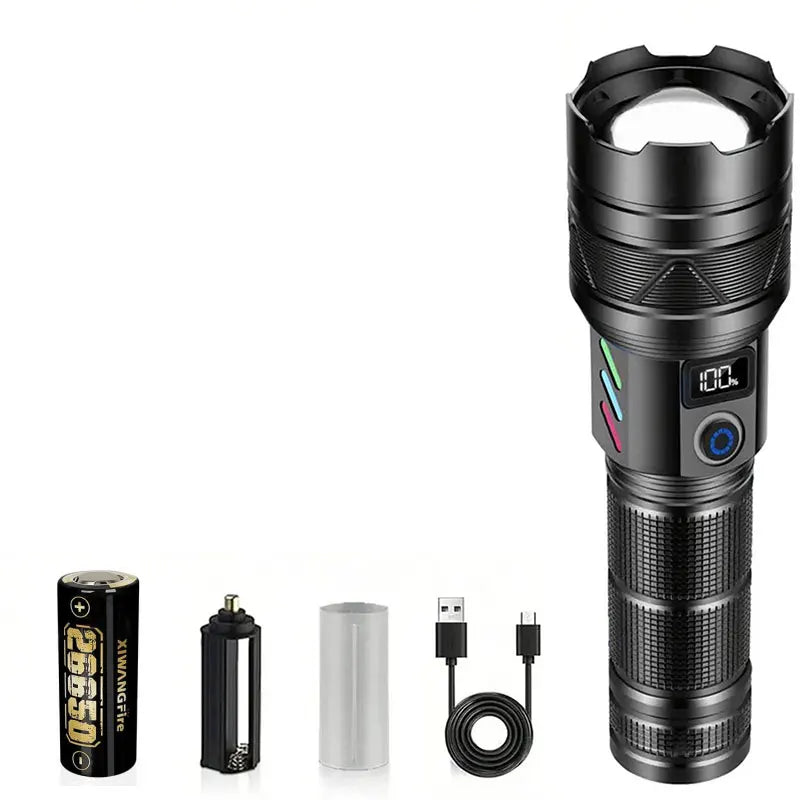 Super Bright 60W LED Flashlight with Power Bank Function, Rechargeable Telescopic Zoom Torch, 5 Modes, IP64,for Hunting/Camping