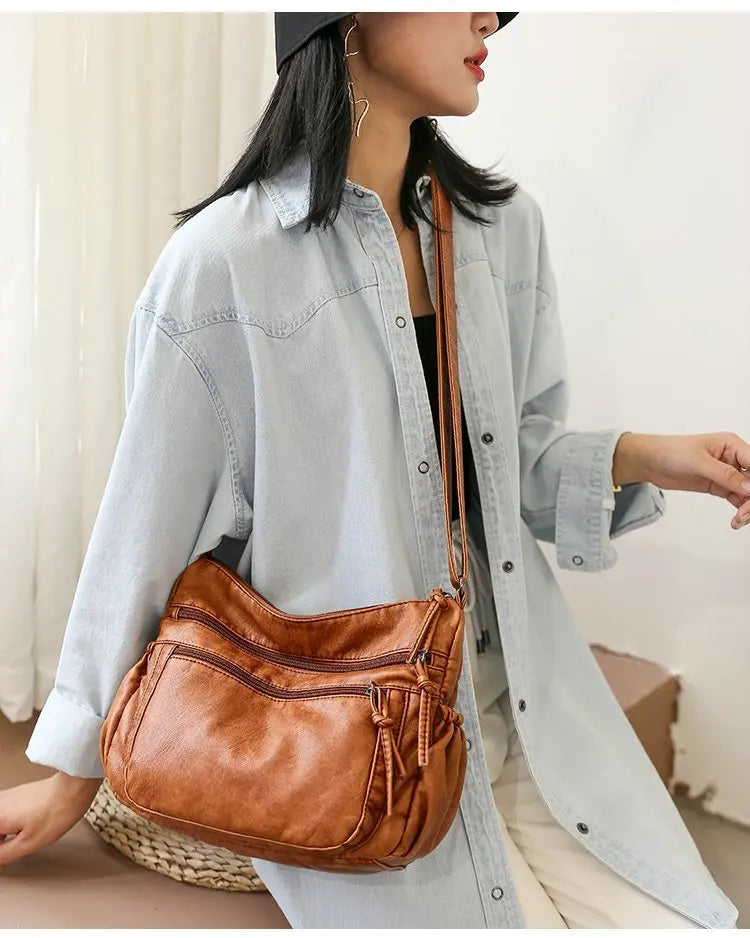 Washed leather women's bag 2024 European and American retro shoulder bag versatile large-capacity crossbody bag PU soft leather