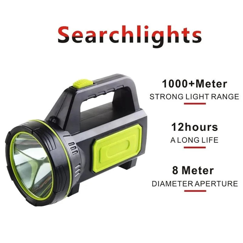 LED Strong Searchlight Flashlight Portable Hand Lamp Rechargeable 2 Lighting Modes Emergency Hiking Camping Energy Saving Torch