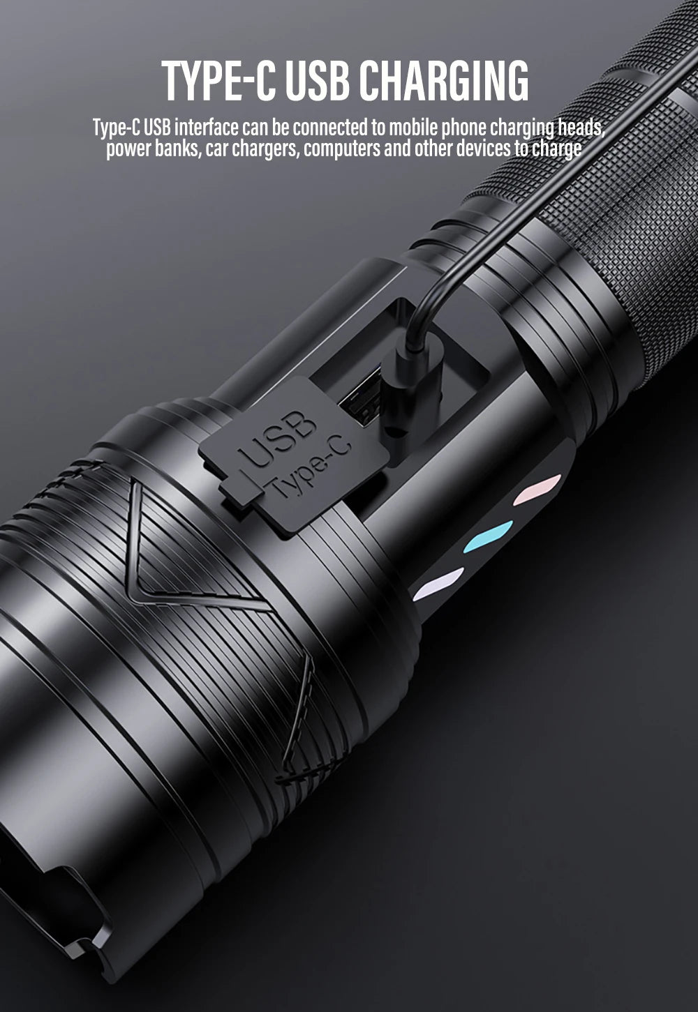 Super Bright 60W LED Flashlight with Power Bank Function, Rechargeable Telescopic Zoom Torch, 5 Modes, IP64,for Hunting/Camping