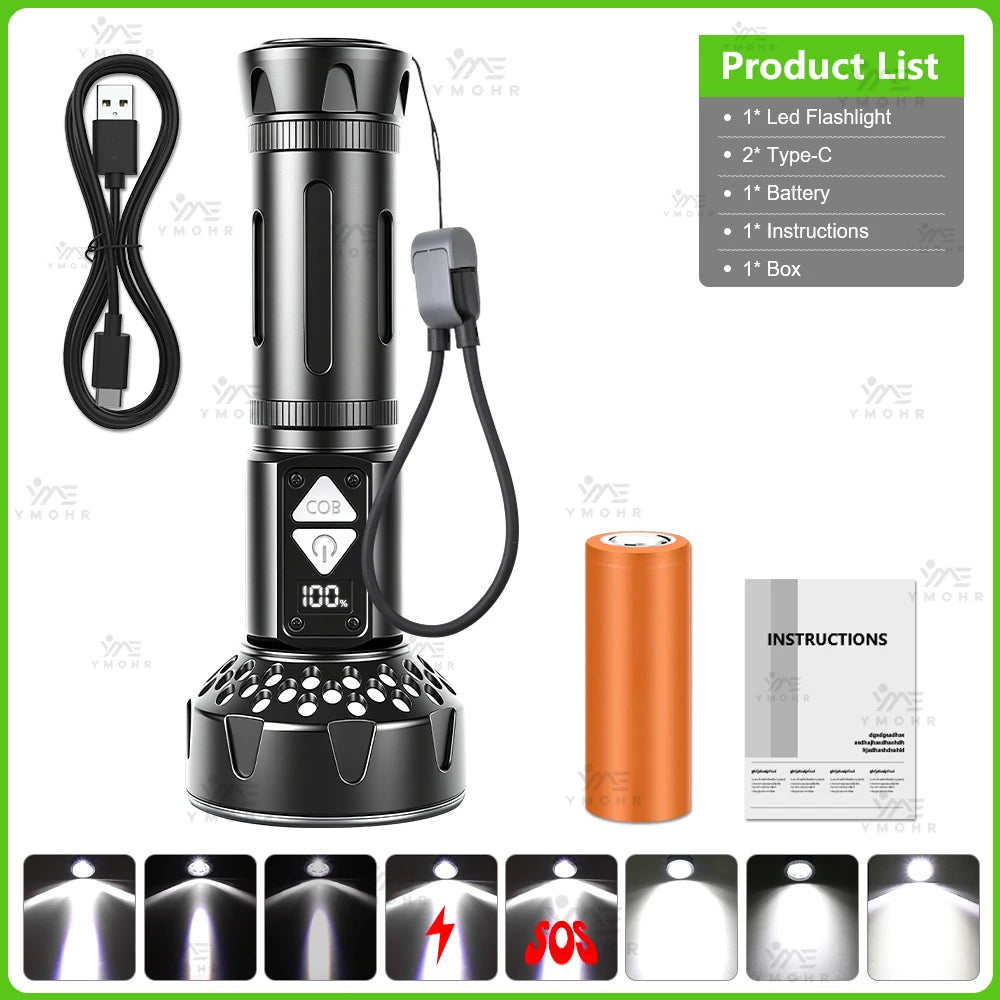High Power LED Flashlights Built-in battery USB Rechargeable Strong Hand Light Multifunctional Torch Lamp For Emergency Camping